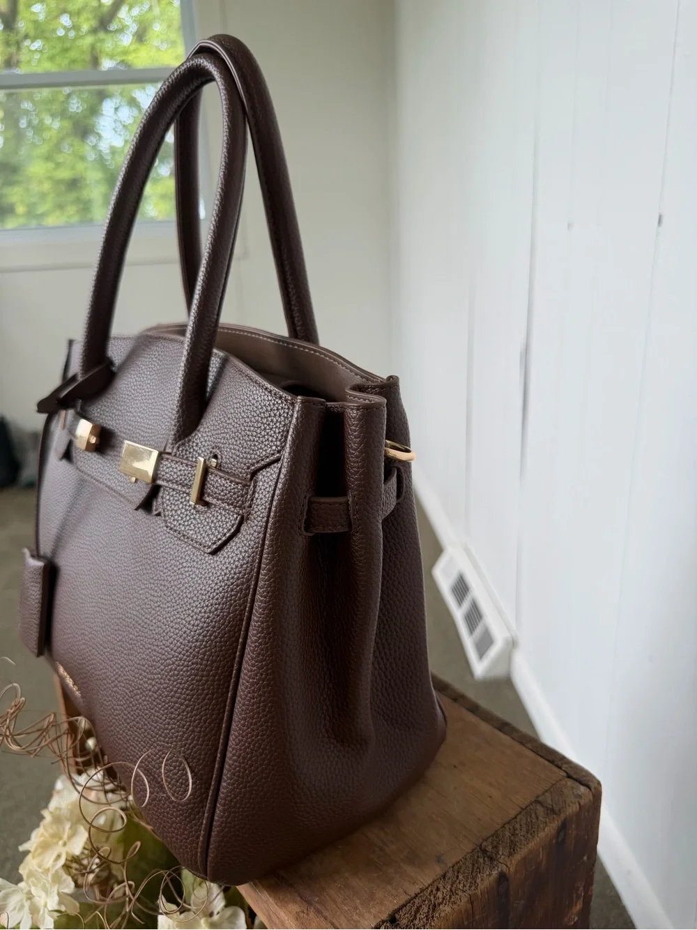 Newbella Brown Pebbled Leather Satchel with Gold Accents